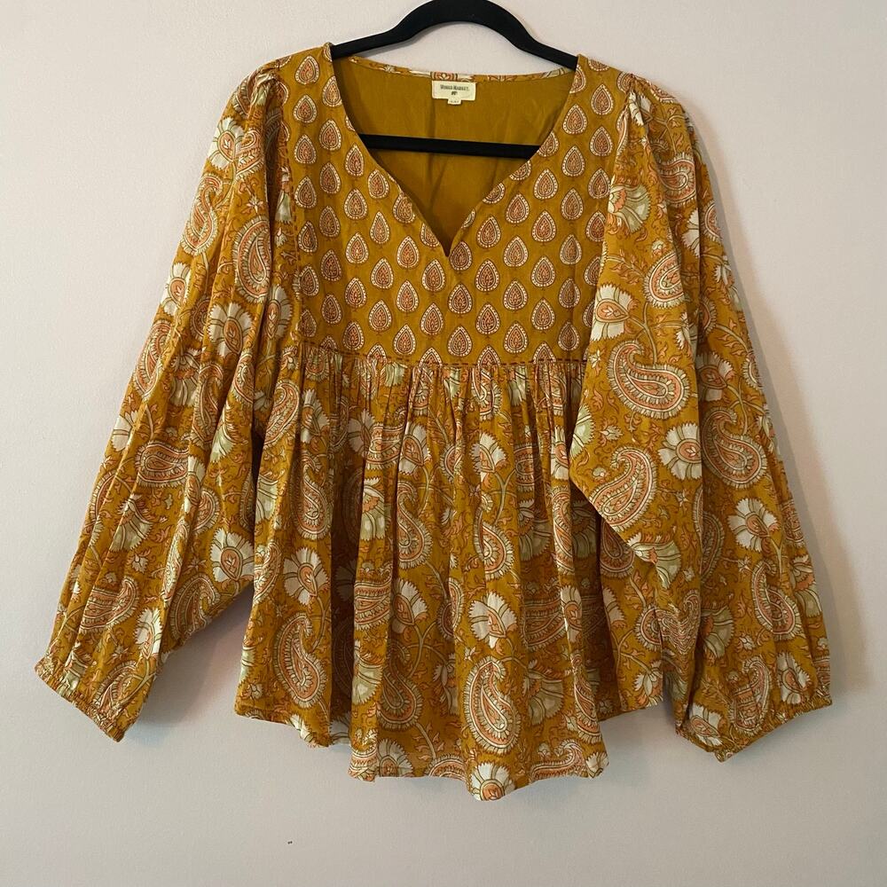 World Market Yellow Gold Leaf Paisley Print Boho Cotton Long Sleeve Blouse S / M